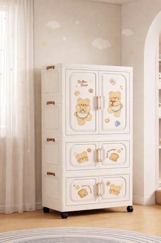 Image of Portable Collapsible Wardrobe for Kids Plastic Storage - Cloth Organizer Cupboard /Multipurpose Storage /Closet for Bedroom /Living Room /Easy to Assemble Room & Home (Butter Bear-3)