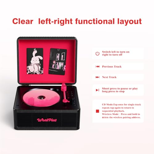 Image of CD Player with Bluetooth Speaker, High-Fidelity Sound, App-Controlled, Magnetic Display for Photos & Pins, Retro Desktop Music Player, Gift for Music Lovers (Black and Pink)