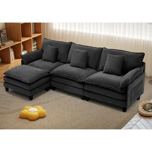 Image of Modular Sectional Sofa, Comfy Cloud Couch with Movable Ottoman, Deep Seat Couches for Living Room, Bedroom and Apartment, 106 inch L Shaped Modern Sofa with Pillows, Black