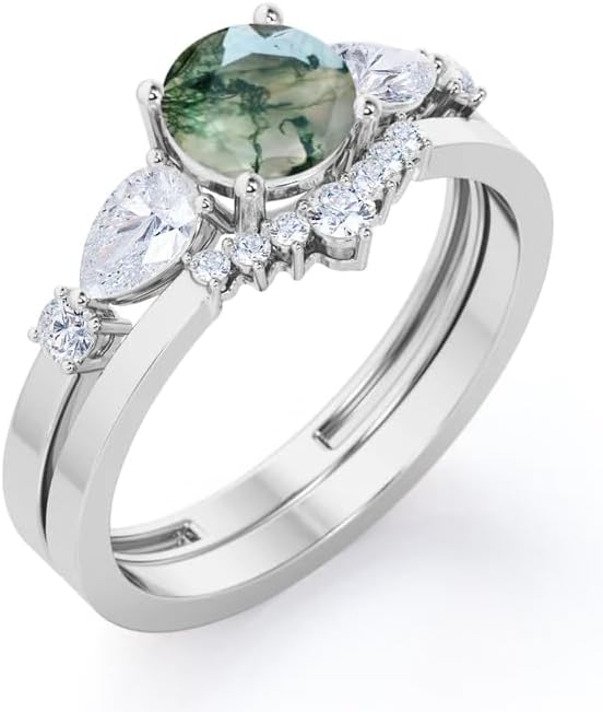 Vintage Fairytale Chevron 1.3 carat Round cut Moss Green Agate and CZ wedding ring set in 9 Natural Moss Agate Ring And Engagement Wedding Promise Ring Jewelry Gift for Women