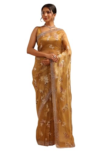 Image of Soch Womens Organza Floral Saree With Stone Work