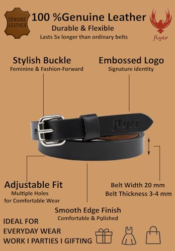 Image of Flyer Girls Black Leather Belt - Genuine Leather Kids Belt for wear on Jeans, Dress, School & Party - Adjustable Stylish for Girls 2-14 Years | 2 Years Warranty BL1281