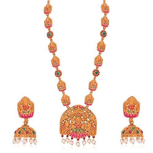 Sukkhi Incrediable Pearl Gold Plated Goddess Temple Jewellery Mint Collection Long Haram Necklace Set for Women – SKR80491SK