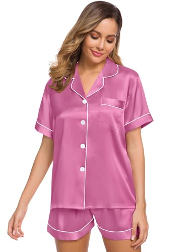Image of SWOMOG Womens Silk Satin Pajamas Set Short Sleeve Sleepwear Button Down Top and Shorts Loungewear 2 Piece Pjs Set XS-3XL Mauve Pink XXX-Large