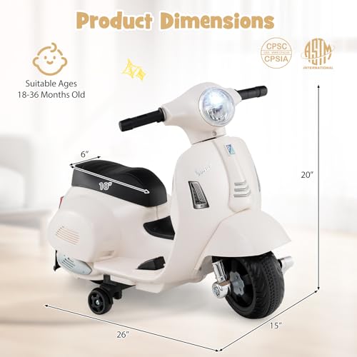 Costzon Toddler Motorcycle, Licensed Vespa Ride on Motorcycle with Training Wheels, LED Headlight & Horn Sound, Ride on Toy, 6V Battery Powered Motorbike, Gift for Boys & Girls, 1-3 Toddlers (White)