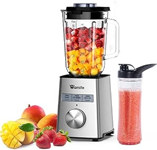 Wamife Blender Smoothie Maker 1200W, 27000RPM High-Speed Blender with Stainless Steel Body, 1.5L Glass Jug Blender with 600ML BPA-Free Cup, 3D 6-blades, 3 Preset Programs, Stepless Speed Regulation