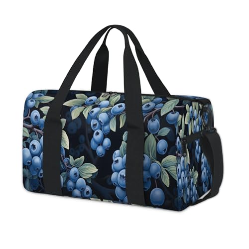 Watercolor Blueberries Sports Duffle Bag for Women Men Waterproof Overnight Weekender Bag with Adjustable Strap Travel Tote Bags for Beach Yoga Work Dance Swim
