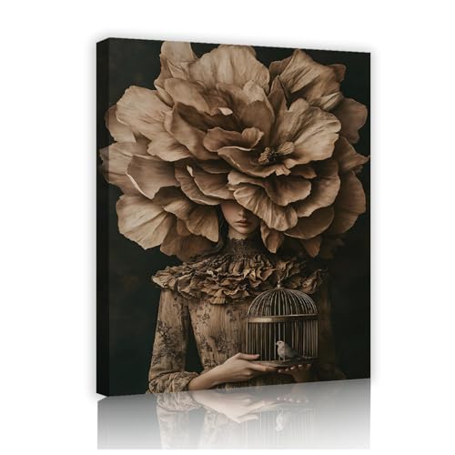 TOANGWALL Arts créatifs Toile Affiche Impression Oeuvre de style nostalgique femme et oiseau dans la cage à oiseaux Photo Peinture Art Mural pour Décor de...