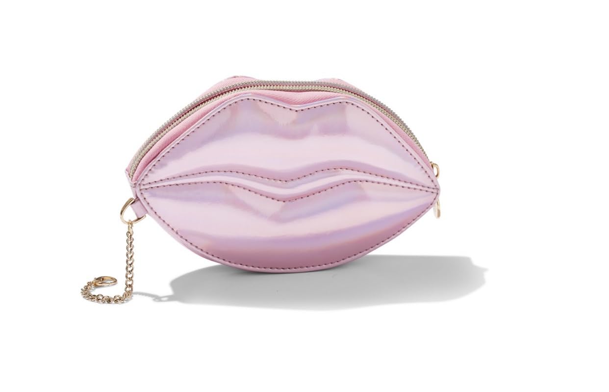 Holographic Lip-Shaped Cosmetic Bag with Chain, Pink Iridescent Makeup Pouch, Gold Logo Charm