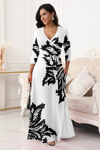 Image of FANDEE Plus Size Maxi Dress for Women Casual Summer Sundress V-Neck 3 /4 Sleeve