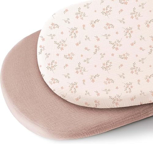 Image of Konssy 2 Pack Muslin Bassinet Sheets for Baby Boy, 100% Cotton Soft Breathable Bassinet Mattress Sheets Fit for Hourglass Oval Cradle Rectangle Mattress (Soft Blooms,Taupe)