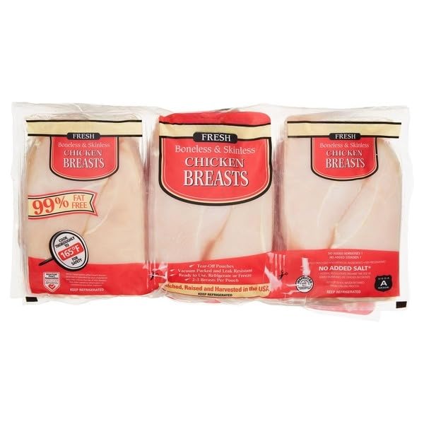 Fresh Boneless Skinless Chicken Breasts, Refrigerate or Freeze; 2-3 Breasts per Pouch; Hatched, Raised and Harvested in the USA; Keep Refrigerated, [ 96 oz, 6 lb ]