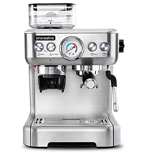 Espresso Machine with Grinder & Steam Wand, 20 Bar Semi Automatic Espresso Coffee Machine Latte and Cappuccino Coffee Maker All in One Espresso Machine For Home Barista, Brushed Stainless Steel