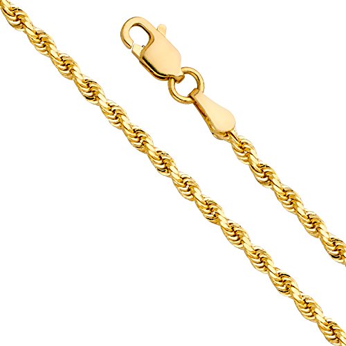14K Real Yellow Gold Solid 2Mm Rope Diamond Cut Chain Necklace With Lobster Claw Clasp - 18" #TOP24