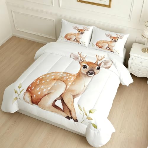 Edredón 200 x 200 cm 4 Estaciones Ciervo en Acuarela Sin Funda, 2 Fundas de Almohada marrón Verano e Invierno