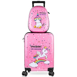 Kids Luggage and Backpack 18 Suitcase with Spinner Wheel Hard Case Travel Suitcase 13 Backpack Girl Suitcase Set for Kids Supplies (Pink, Unicorn Style)