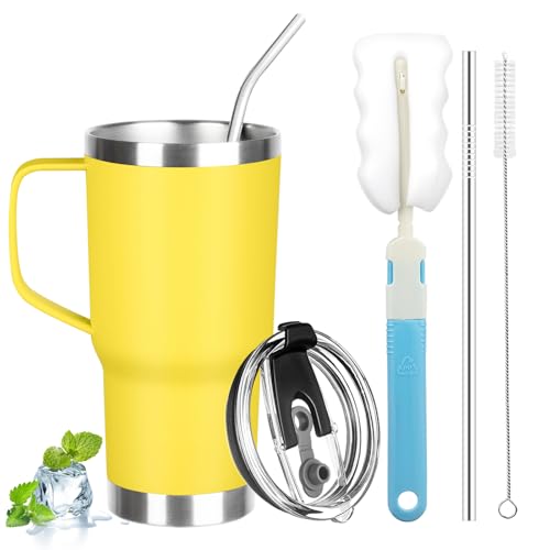 Image of 20 oz Tumbler with Handle, Stainless Steel Insulated Tumbler with Lid and Straw, Double Wall Vacuum Coffee Mug Tumbler, Insulated Coffee Thermal Cup for Cold and Hot (Yellow, 20 Ounces)