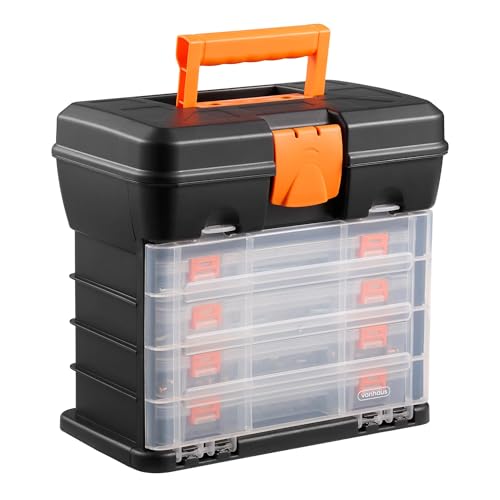 VonHaus Multi-purpose Fishing Tackle Storage Box, Crafts or Tool Organizer - 4 Removable Trays & Adjustable Dividers (10.9 x 10.1 x 6.9 inches - Black/Orange