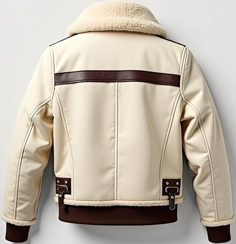 Men’s Cream Sherpa Shearling Sheepskin Leather Biker Jacket – Faux Fur Lined Modern Style Aviator Pilot B3 Bomber Jacket Men2