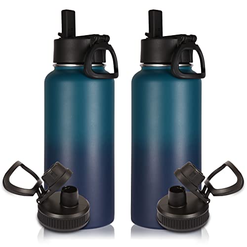 Volhoply 1 Litre Water Bottles Bulk 2 Pack with Straw & Spout Lid,Insulated Sports Water Bottle,Double Wall Vacuum Stainless Steel Tumbler,Leak Proof Wide Mouth Metal Flask for Travel(Dark Night,2)