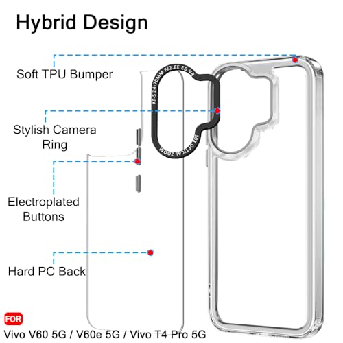 Image of TheGiftKart Hybrid Shockproof Back Cover Case for Vivo V60 5G / V60e 5G / Vivo T4 Pro 5G | Stylish Camera Border | Plated Buttons | Crystal Clear Hard Back Cover Case (TPU & PC, Transparent Bumper)