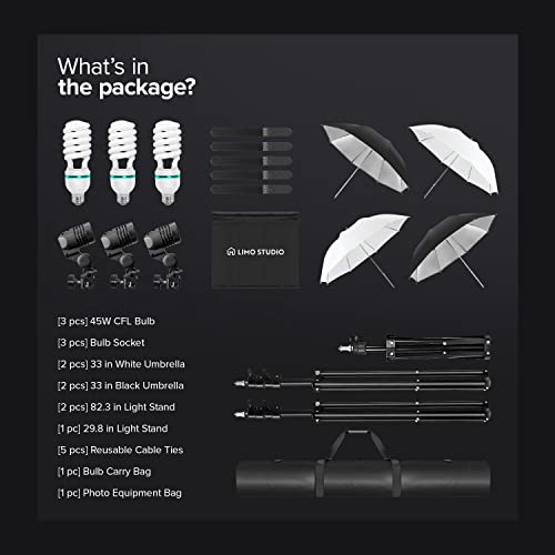 Limostudio, 700W Output Lighting Series, Lms103, Soft Continuous Lighting Kit For White And Black Umbrella Reflector With Accessory And Carry Bag #TOP7