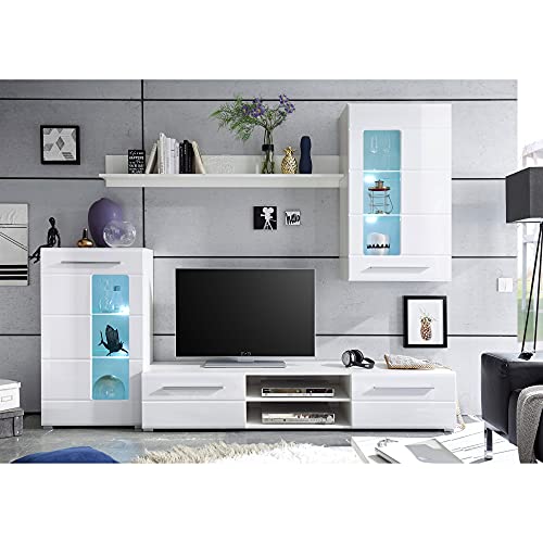 Stella Trading ENRIQUE Wohnwand Komplett-Set in Hochglanz Weiß - Moderne Schrankwand mit schöner LED-Beleuchtung für Ihr Wohnzimmer - 240 x 190 x 42 cm (B/H/T)