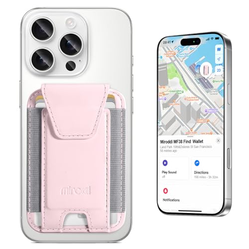 Miroddi for MagSafe Wallet, Works with Apple Find My, Magnetic Phone Wallet Tracker for iPhone 16/15/14/13/12 Series, Magnetic Card Holder with Privacy Flap, RFID Blocking, Fit 7 Cards, Pink