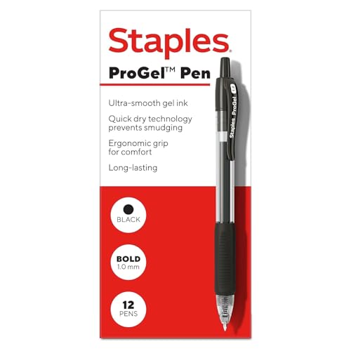 Image of STAPLES Retractable Gel Pens, Bold Point 1.0mm, Black Ink, 12 Pack - ProGel Smooth‑Flow Pens for Notes, Forms & Signatures