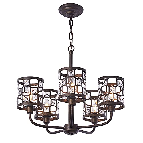 Up To 50% OFF 5-Light Rustic Chandelier Light Fixture, Farmhouse Chandelier with Metal and Crystal Lampshades, Industrial Light Fxiture for Kitchen, Dining Room, Living Room, Bedroom