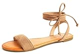 SANDALUP Brown Womens Sandals Dressy Strappy Summer Cute Tie Up Ankle Strap flat sandals for women 9