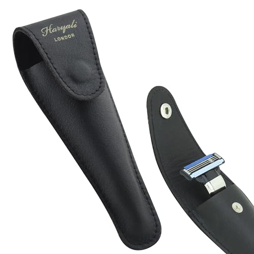 Haryali London Razor Case - Pure Leather Safety Razor Case - Triple Blade Shaving Razor Case - Travel Size Shaving Pouch Holder - Razor Cover for Men and Women, Black, 1 Count (Pack of 1)