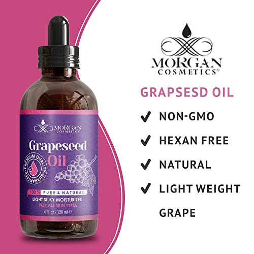 Morgan Cosmetics 100% Pure Organic Grapeseed Oil For Skin - Cold Pressed Grapeseed Oil For Hair Scalp Moisturizer - Dry Hair Oil - Body Oil For Dry Skin - Dry Scalp Treatment For Women (4 Fl. Oz) #TOP6