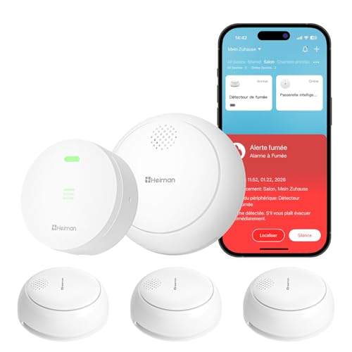 Heiman Detecteur de Fumée Connecté – Lot de 1 avec Passerelle & Contrôle Via App, Batterie 10 Ans, Q-Label & en 14604, Detecteur de Fumée avec Fixation Magnétique, Alarme Fumée Smart Home