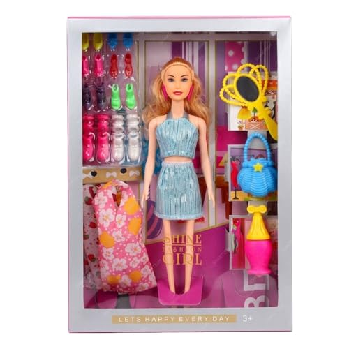 Image of SHAKTISM Doll Set for Girls with Makeup, Dress, Accessories, Wardrobe Closet, Hangers, Necklace, Multicolor, 3 Years and Up (Shine Fashion Doll)