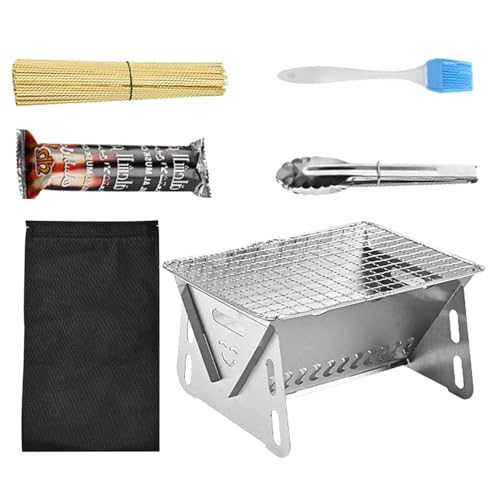 Huxibai Barbacoa portátil de carbón vegetal | Barbacoa de mesa de acero inoxidable – Barbacoa plegable con varillas y bloques de carbón para cocinar al aire libre, camping, barbacoa en el patio