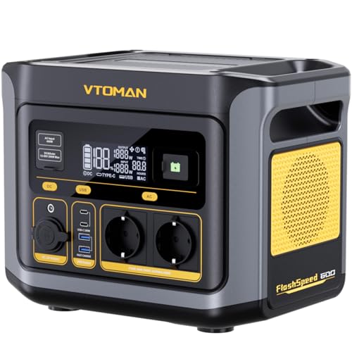 VTOMAN FlashSpeed 600 Estación de Energía Portátil 499Wh/600W(1200W Pico) Generador Solar con Batería LiFePO4, 0-80% Carga Rápida en 1H, Capacidad Ampliable Para Camping, Autocaravana, Fiestas, Pesca