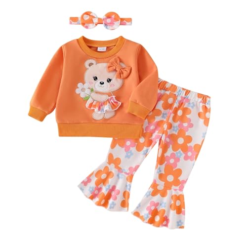 Image of Baby Girl Clothes Fall Winter Long Sleeve Bear Cartoon Sweatshirt Flare Pants Bow Headband Set 6 Months-4 Years Old