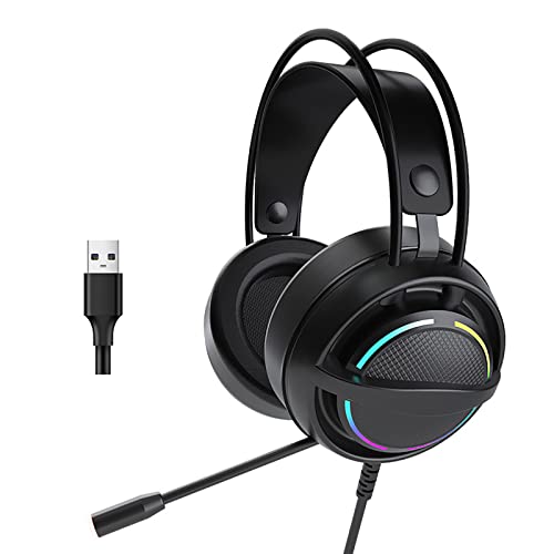 ゲーミングヘッドセット 有線イヤフォン USB 50MMスピーカー 雰囲気ライト付き ノイズリダクションイヤホン ヘッドセット マイク付き 伸縮 ヘッドホン 快適装着 軽量 パソコン用イヤホン テレワーク 在宅勤務 プレゼント ブラック