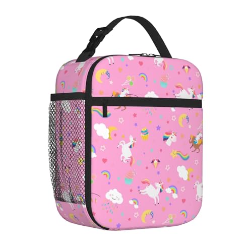 Uxeqtop Kids Horse Rainbow Lunch Bag Insulated Reusable Water Resistant Pink Lunch Box with Water Bottle Holder Lightweight Lunch Tote for Girls Boys