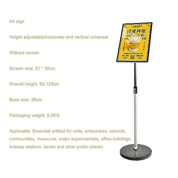 Verstelbare A3/A4 posterstandaard vloerbordhouder standaard, zware ronde basis, zowel verticale als horizontale weergave weergegeven, voor bruiloft/show/display/reclame A4