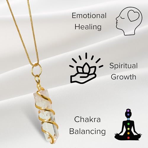 Amazing Gemstone Clear Quartz Crystal Necklace Pendant For Women, Gold Wire Wrapped Dainty Minimalist Healing Crystal Necklaces For Men Kids Unisex Necklace Jewelry With 20 Inches Adjustable Chain & Leather Cord2