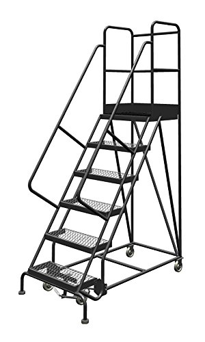 Image of Tri-Arc KDSR106242-D3 6-Step 30 inch Deep Top Steel Rolling Industrial & Warehouse Ladder with Handrails, 24 inch Wide Grip Strut Tread