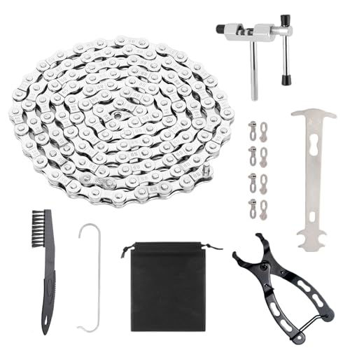kasure Chaine Velo, Chaîne de Vélo 6/7/8 Vitesses,1/2 x 3/32 Pouces 116 Maillons,avec Pince à Chaîne et Casse-chaîne, Brosse Nettoyage,Kit Reparation...