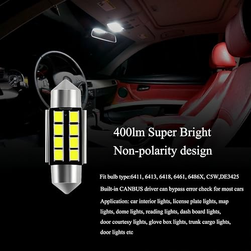 Image of WLJH 6418 Led Festoon Bulb 36mm 1.42in C5W Led, Super Bright 8SMD 2835 Chips 400lm 6000k White Interior Led Bulb for Car License plate light Map Dome Courtesy Trunk Light etc, Pack of 10pcs