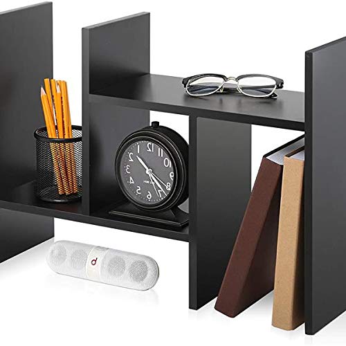 Desktop Bookshelf Adjustable Countertop Bookcase Office Storage Rack Supplies Wood Desk Organizer Wood Display Shelf Rack Accessories Natural Stand Shelf Rack for Birthday Gifts - Home Decor - Black