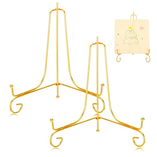 Alrhso 2 Stück Eisen Tellerständer 20cm Klein Aufsteller Tischstaffelei Gold Metall plate holder Display Tellerhalter Klappbar für Bilderhalter Foto Kunst Teller Bücher Bild und Tabletop Art