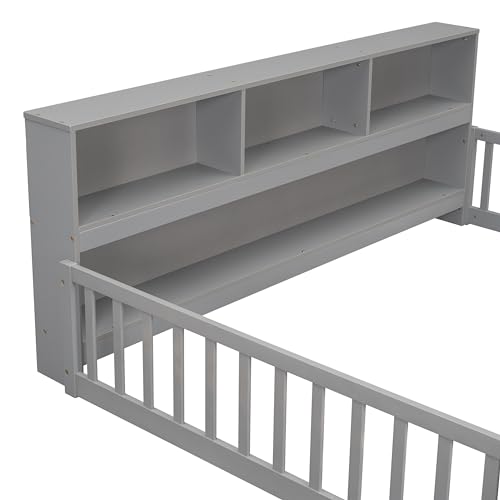 Fullmontessorifloorbedwithbedsidebookcaseshelvesforgirlsboysfullsizefloorbedwsafetyguardrailsforgirlsboysnoboxspringneededgrey Urban Country Home Decor Full montessori floor bed with bedside bookcase shelves for girls boysfull size floor bed wsafety guardrails for girlsboysno box spring needed grey urban country home decor
