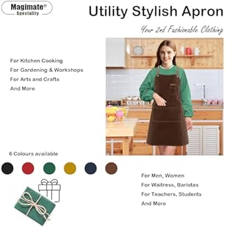 Canvas Apron with Pockets and Cross-back Straps for Chef Kitchen Cooking BBQ, Barista Bartender Barber Shop and Art Gardening Work Professional Aprons - Brown