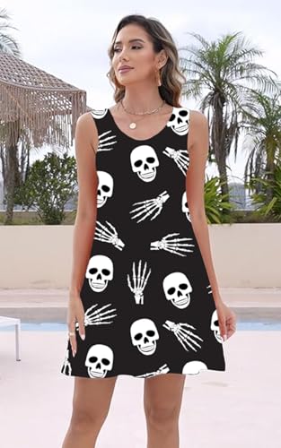 Image of Halloween Skeleton Sundresses Women Skull Print Sleeveless Pumpkin Face Jack O' Lantern Mini Tank Dress